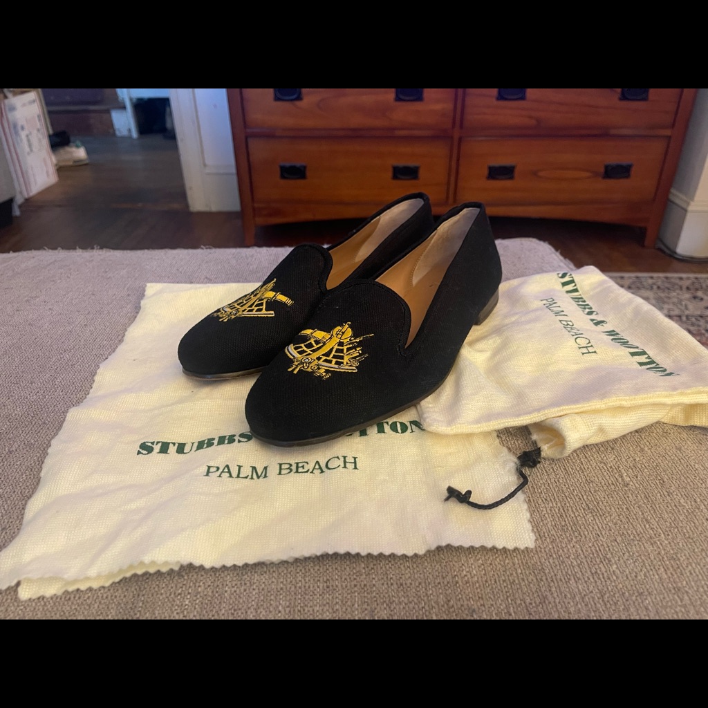 Stubbs & Wootton Black Velvet Embroidered Sextant Men’s Slip On Loafers Shoes 10
